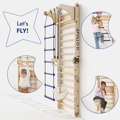 Goodevas Apollo Swedish Wall climbing ladder with rope, rings and moon swing board for kids on Tampa Home & Garden Store