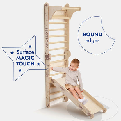 Apollo Swedish Wall climbing ladder Goodevas with Moon swing and wooden slide board on Tampa Home & Garden Store