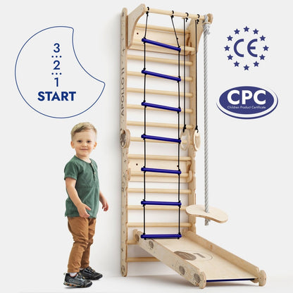 Goodevas Apollo Wall climbing ladder with blue rungs, rope swing and slide board certified on Tampa Home & Garden Store