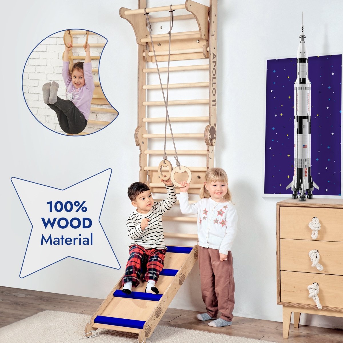 Goodevas Apollo Swedish Wall climbing ladder with moon swing set and slide board in natural wood on Tampa Home & Garden Store