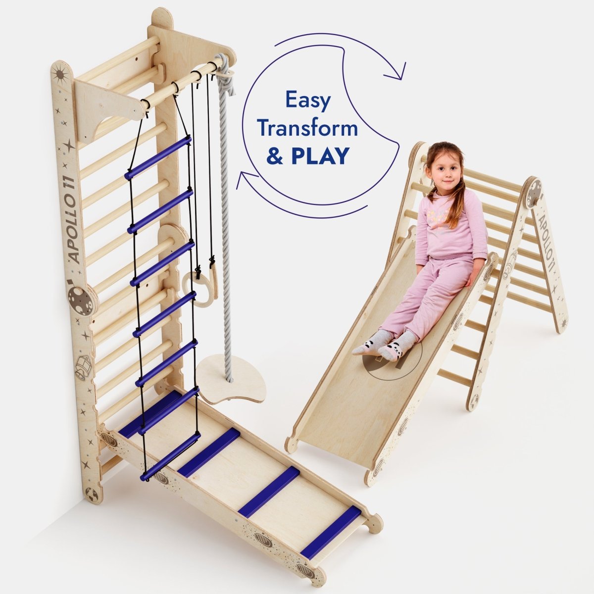 Apollo Wall climbing ladder Goodevas 3-in-1 with moon swing set and slide board natural-wood on Tampa Home & Garden Store