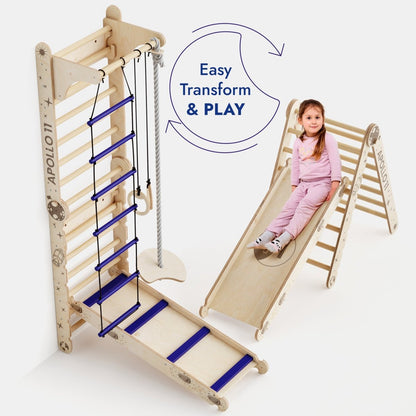 Apollo Wall climbing ladder Goodevas 3-in-1 with moon swing set and slide board natural-wood on Tampa Home & Garden Store