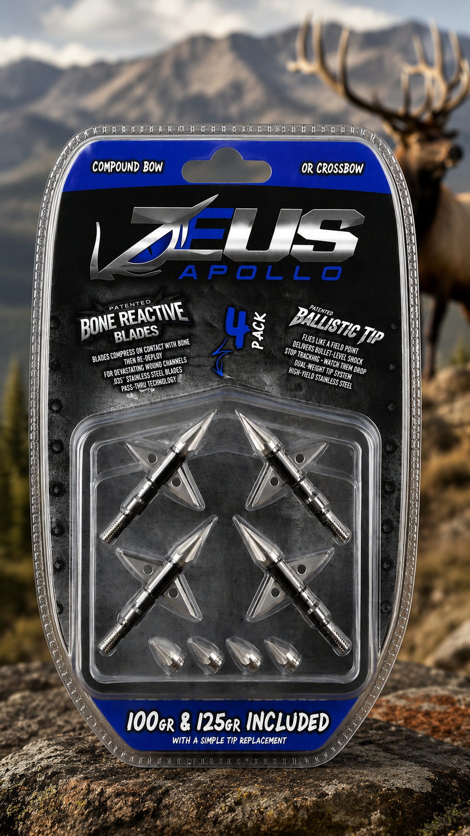Zeus Apollo Broadheads 4 Pack by Killz Products with stainless steel blades and 100g/125g tips included on Tampa Home & Garden Store