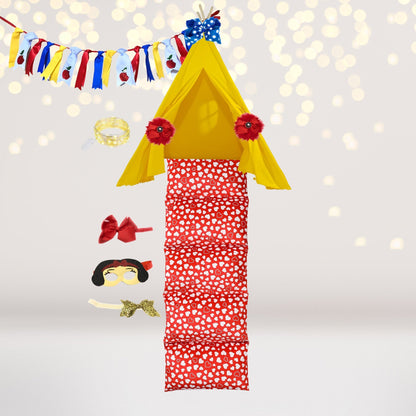 Apple Princess Teepee Play Set yellow tent with heart print fabric, blue polka bow, apple flags on Tampa Home & Garden Store