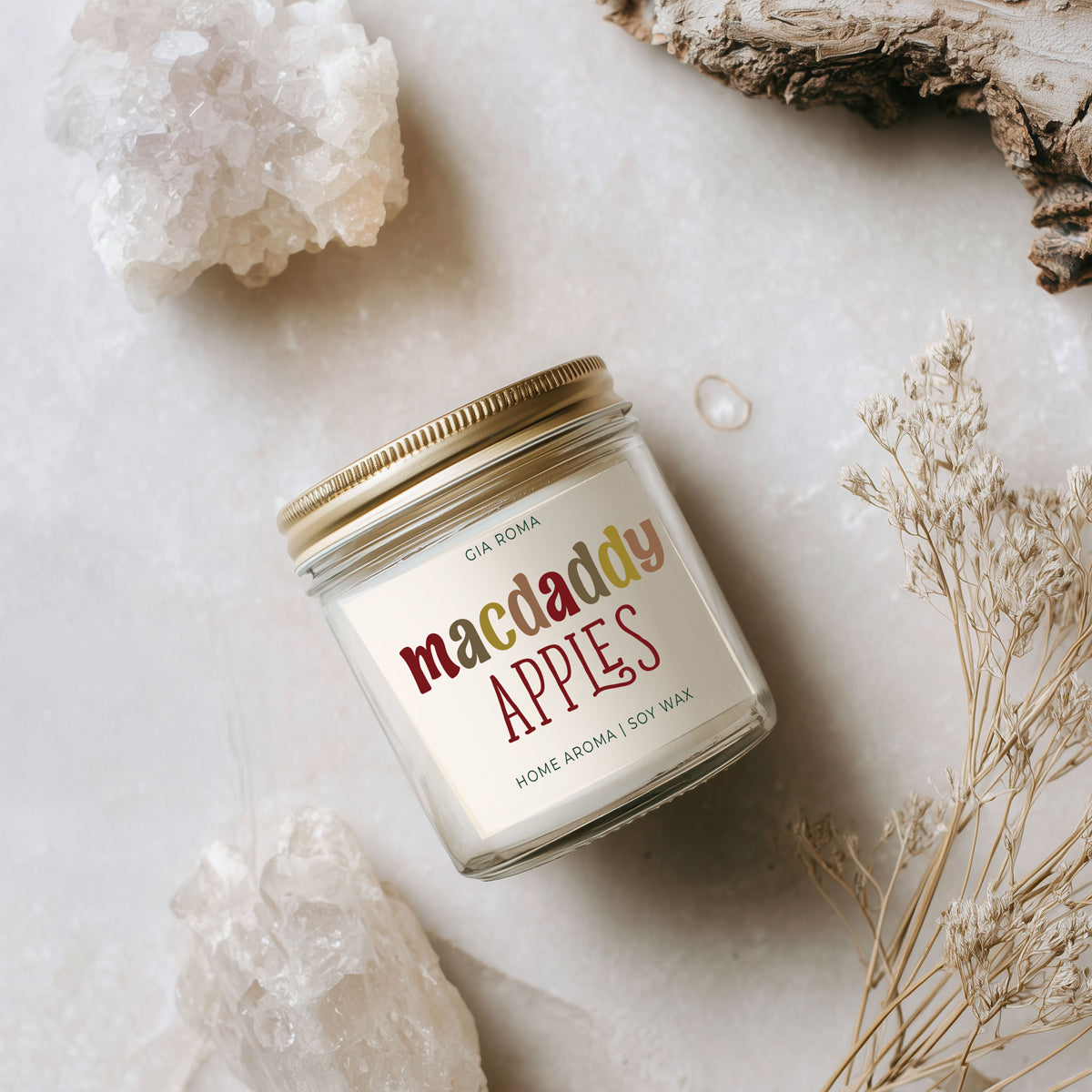Mac Apple Candle by Gia Roma in a clear glass jar, with gold lid, soy wax on Tampa Home & Garden Store