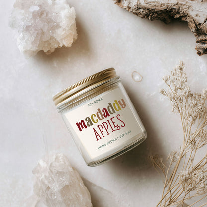 Mac Apple Candle by Gia Roma in a clear glass jar, with gold lid, soy wax on Tampa Home & Garden Store