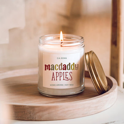 Mac Apple candle by Gia Roma; soy wax in a clear glass jar with a metal lid on wooden tray on Tampa Home & Garden Store