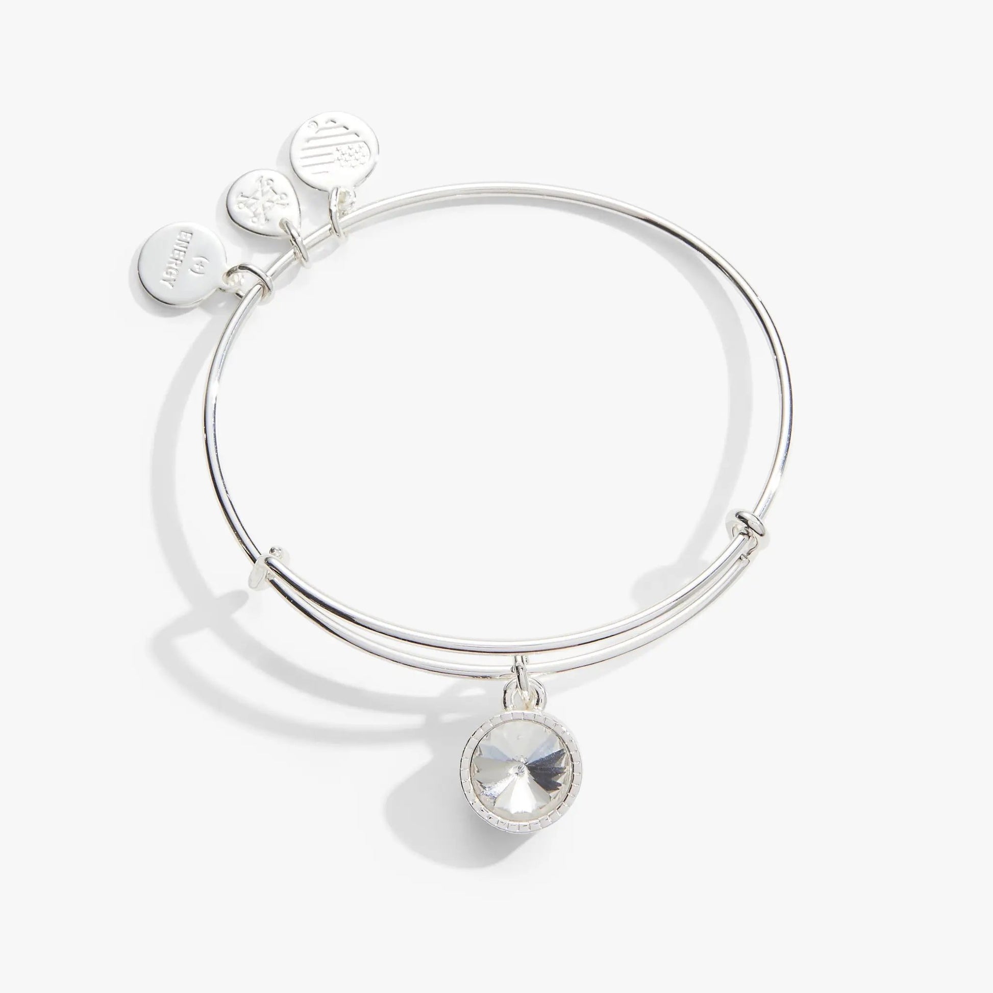 April Clear Crystal Birthstone Charm Bangle by Alex and Ani silver bracelet with charms on Tampa Home & Garden Store
