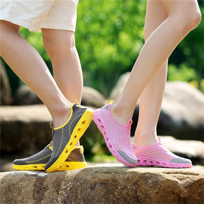 Stevvex aqua water shoes, breathable mesh quick-dry slip-ons in grey-yellow and pink-grey on Tampa Home & Garden Store