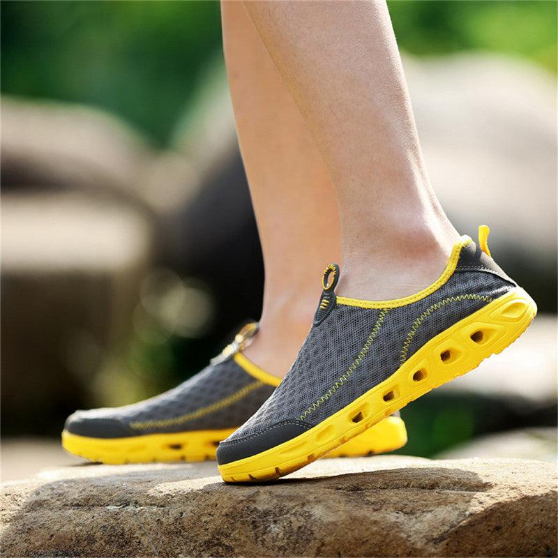Stevvex aqua shoes mesh quick-dry water shoes with gray upper and yellow sole slip-on on Tampa Home & Garden Store