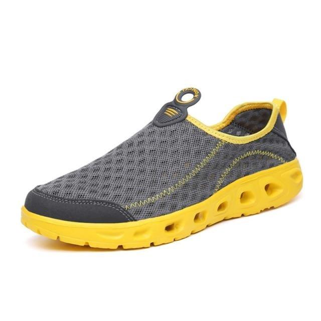 Aqua shoes Stevvex unisex mesh quick-dry slip-on with yellow sole and grey upper on Tampa Home & Garden Store