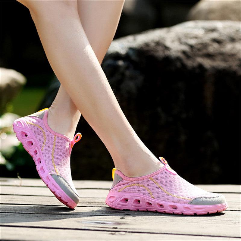 Stevvex aqua shoes pink mesh breathable quick-dry slip-on water slippers pair with rubber sole on Tampa Home & Garden Store