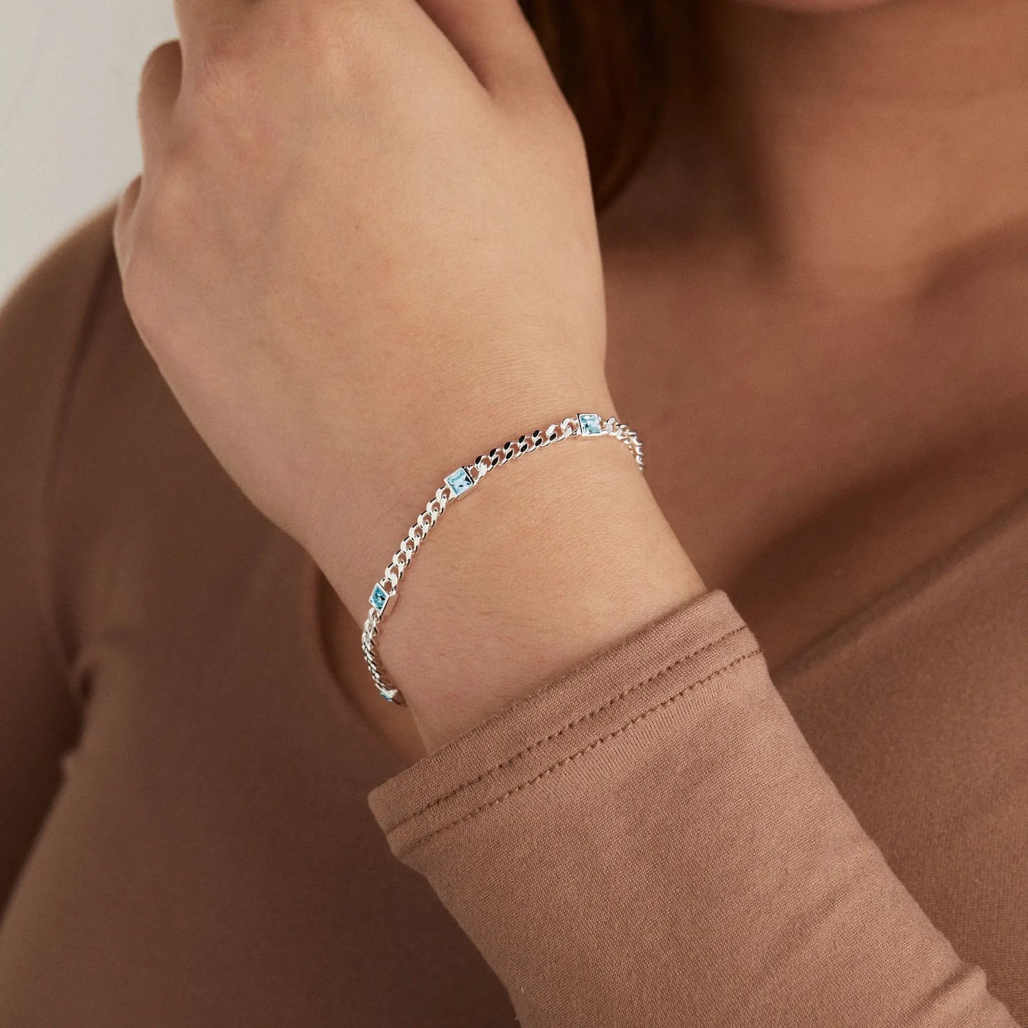 March Birthstone Aquamarine silver curb chain bracelet by Alex and Ani with blue square stones on Tampa Home & Garden Store