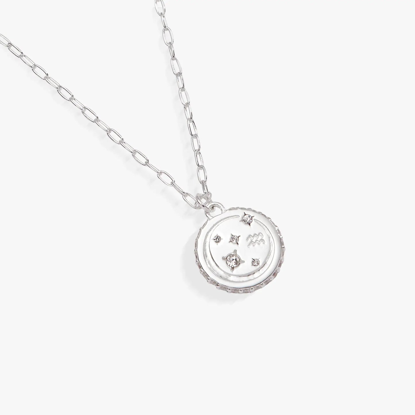 Aquarius Zodiac Necklace by ALEX AND ANI, silver chain with round pendant and crystal accents on Tampa Home & Garden Store