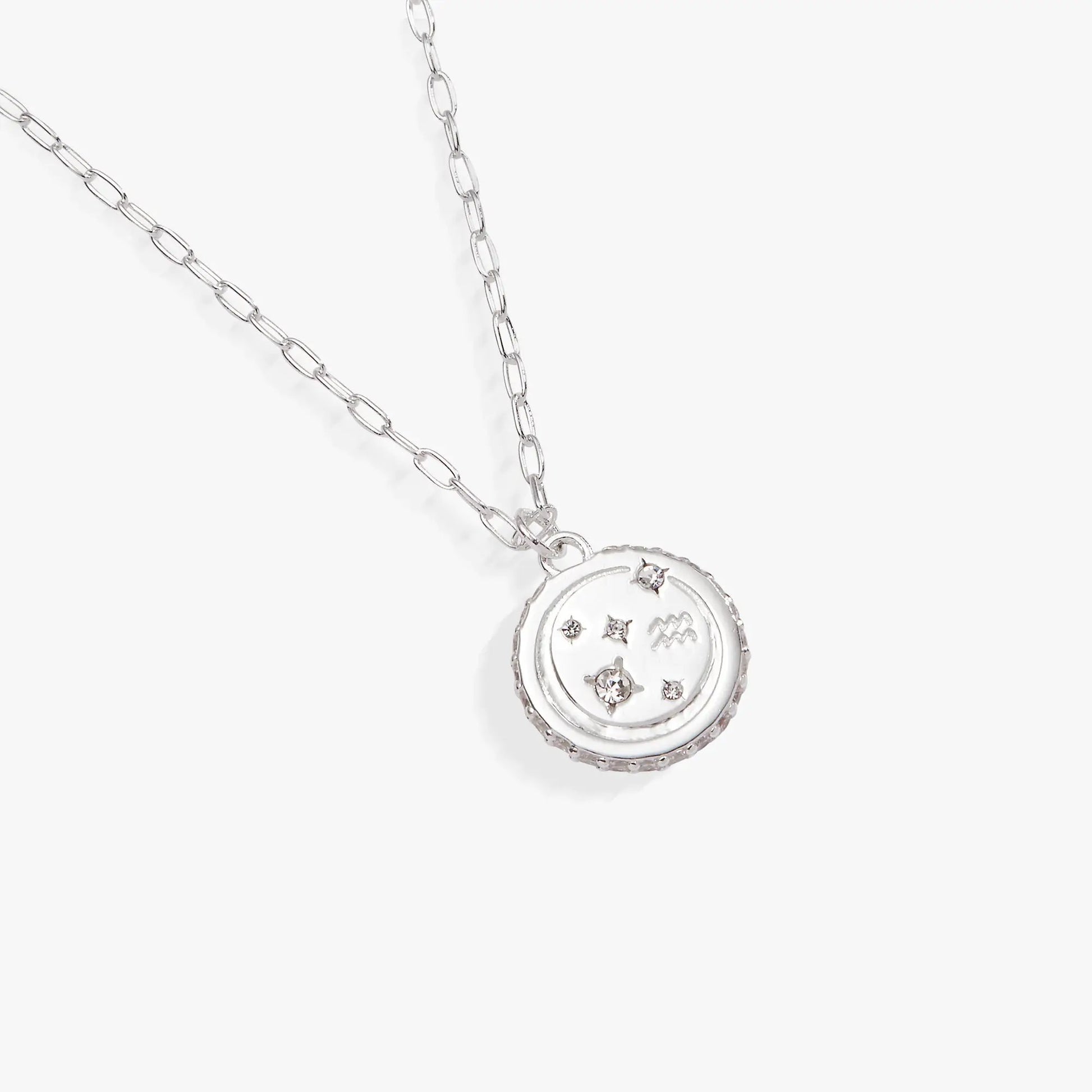 Aquarius Zodiac Necklace by ALEX AND ANI, silver chain with round pendant and crystal accents on Tampa Home & Garden Store