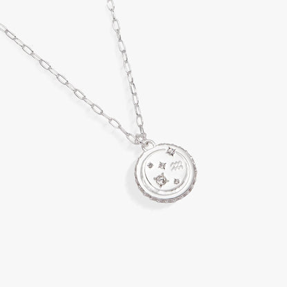 Aquarius Zodiac Necklace by ALEX AND ANI, silver chain with round pendant and crystal accents on Tampa Home & Garden Store