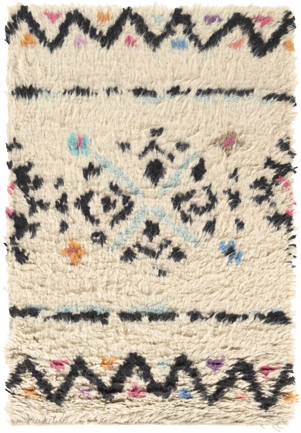 Arcanum Hand Knotted Wool Area Rug cream field with black geometric border and multicolor motifs on Tampa Home & Garden Store
