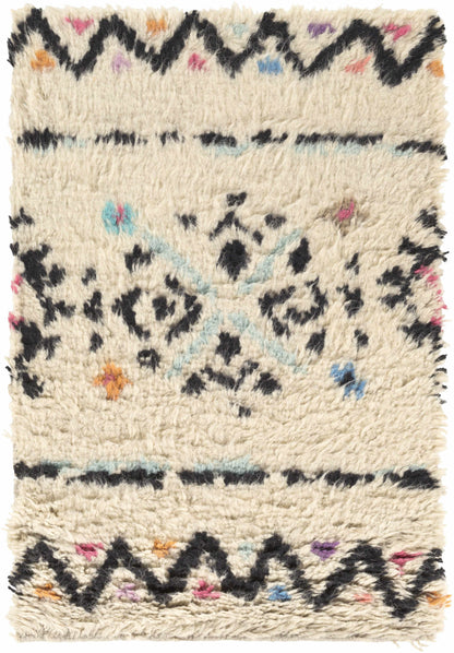 Arcanum Hand Knotted Wool Area Rug cream field with black geometric border and multicolor motifs on Tampa Home & Garden Store