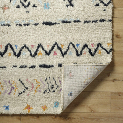 Arcanum hand knotted wool rug in cream with black geometric border and multicolor accents on Tampa Home & Garden Store