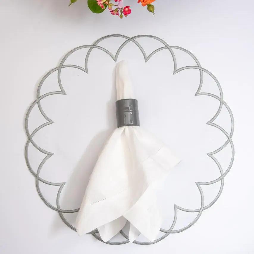 Brazilian Bamboo Napkin Ring with grey scalloped metal frame and white napkin, Talah Home on Tampa Home & Garden Store