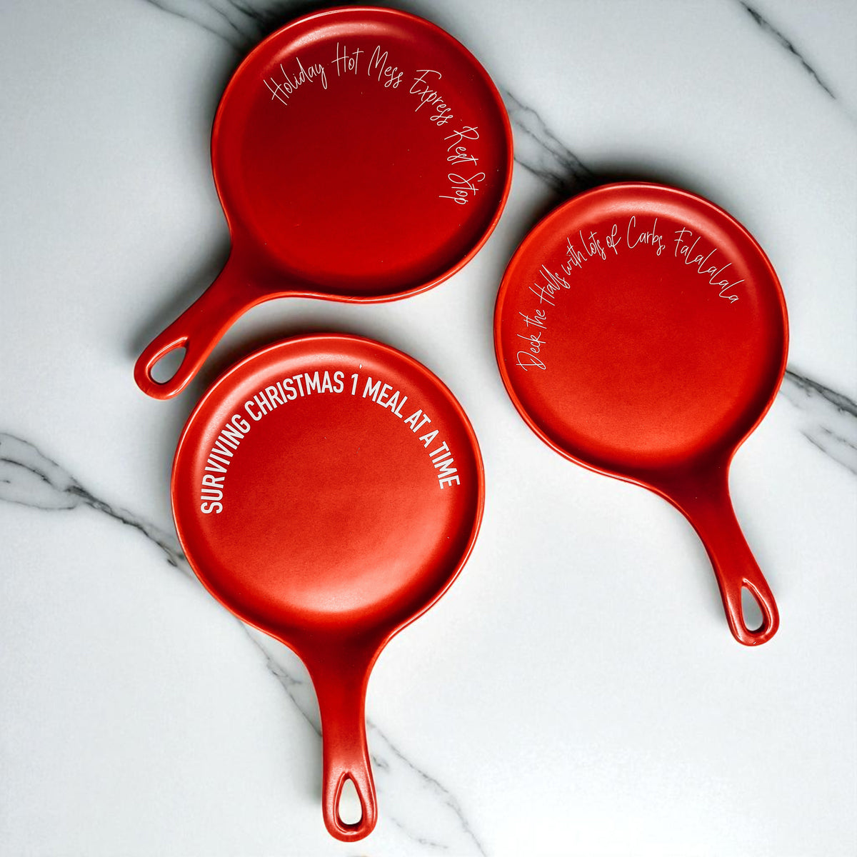 Holiday Hot Mess Stop spoon rests by Gia Roma set of 3 red ceramic with white festive quotes on Tampa Home & Garden Store