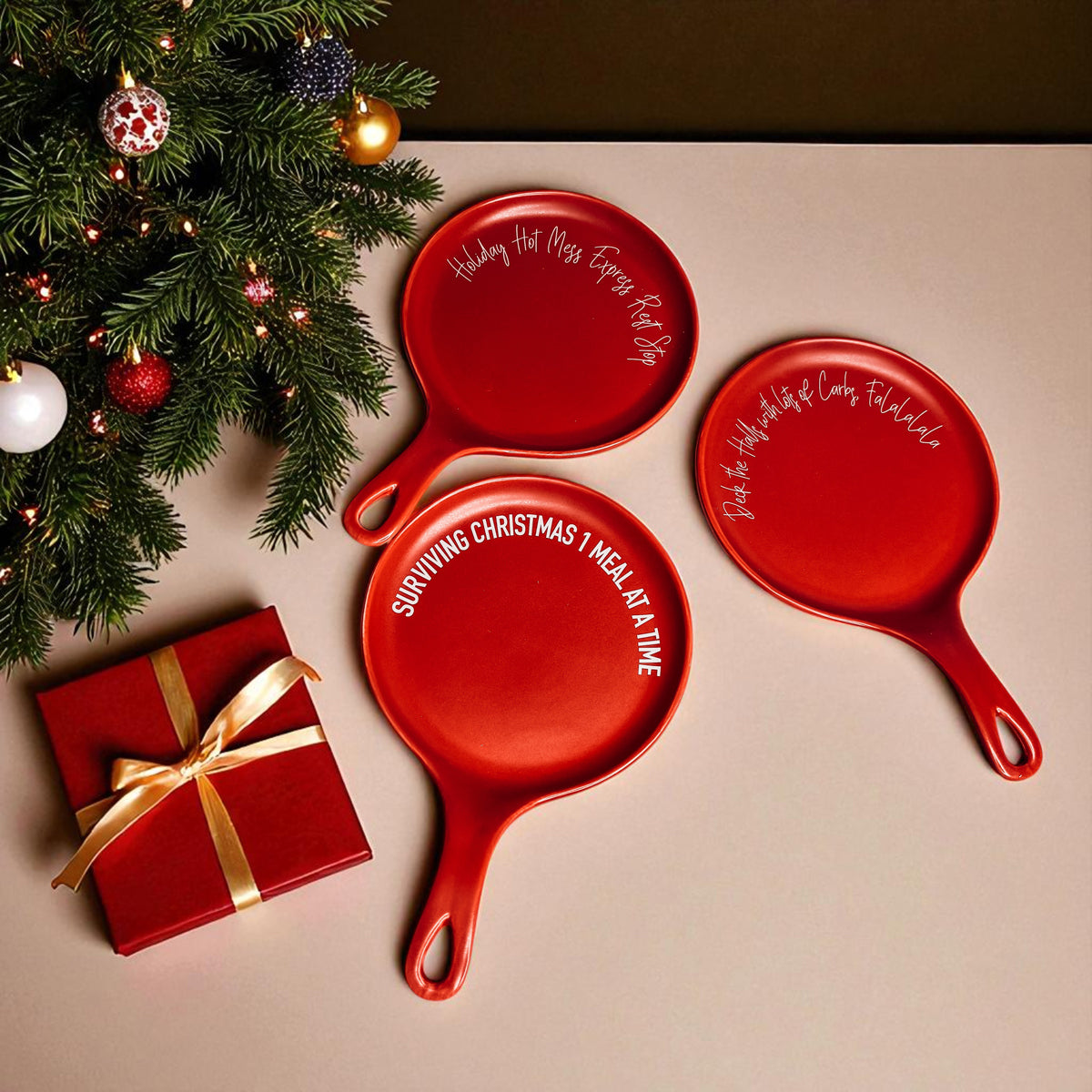 Gia Roma Deck the Halls & Carbs spoon rests set of 3 red with white holiday script on Tampa Home & Garden Store