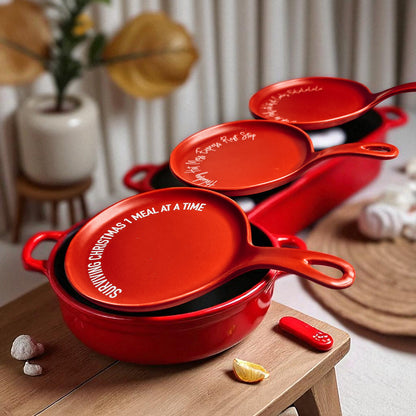 Holiday Hot Mess Stop spoon rests, Gia Roma red enamel 3-piece set with white script text on Tampa Home & Garden Store
