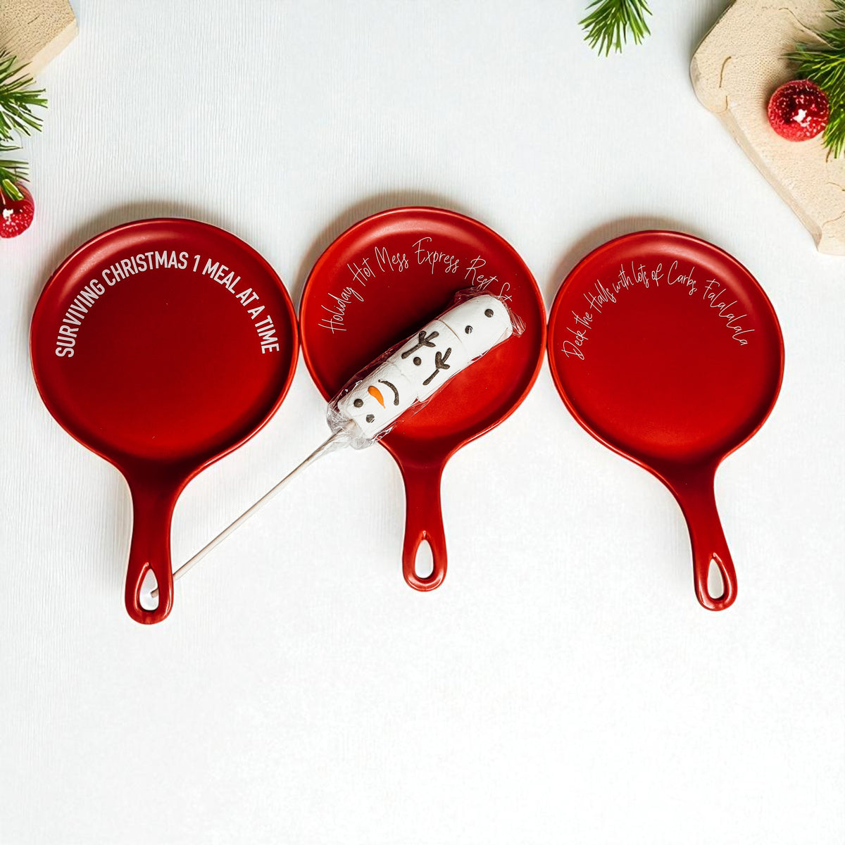 Spoon rests Gia Roma Deck the Halls & Carbs red set of 3 with white script on Tampa Home & Garden Store
