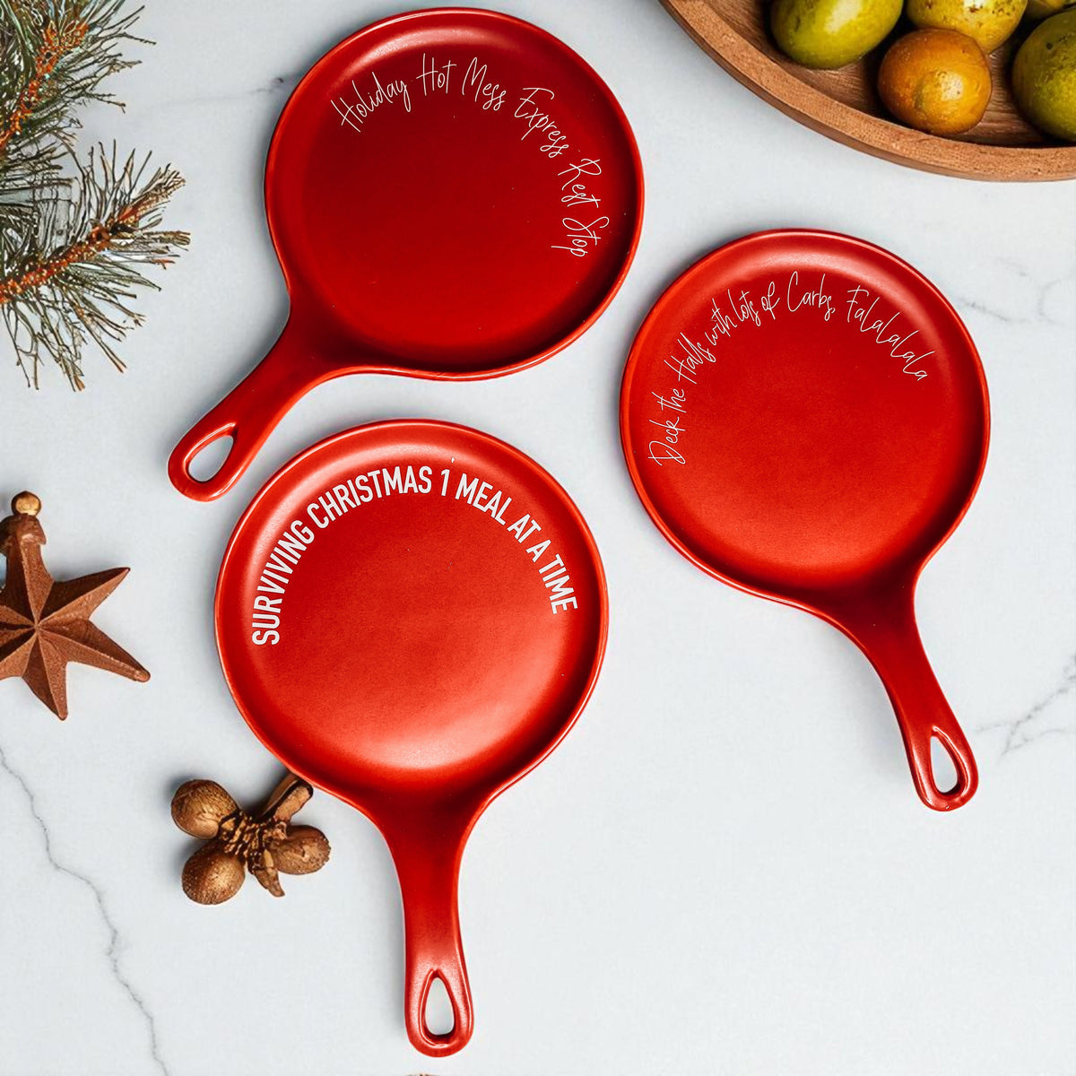 Spoon rests Gia Roma red set of 3, round with long handles and white festive script on Tampa Home & Garden Store