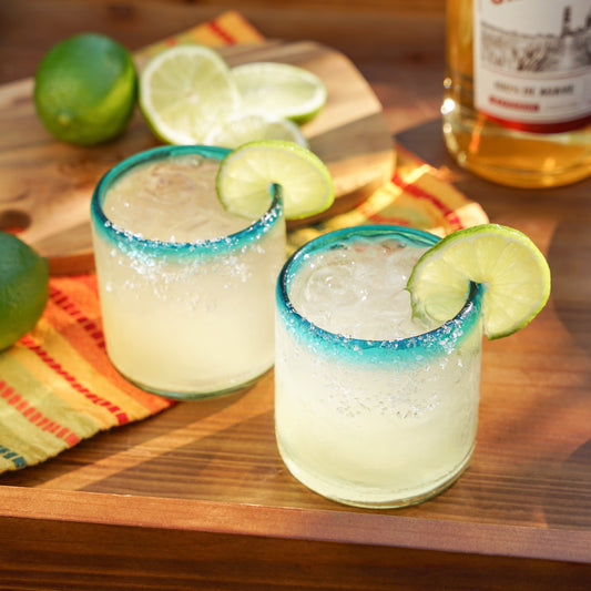 Segunda Vida Primavera Short Tumblers frosted turquoise rims with lime Twine Living 4-pack on Tampa Home & Garden Store