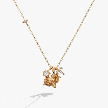 Aries Zodiac Charm Cluster Necklace Gold Plated