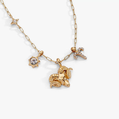 Aries Zodiac Charm Cluster Necklace Gold Plated