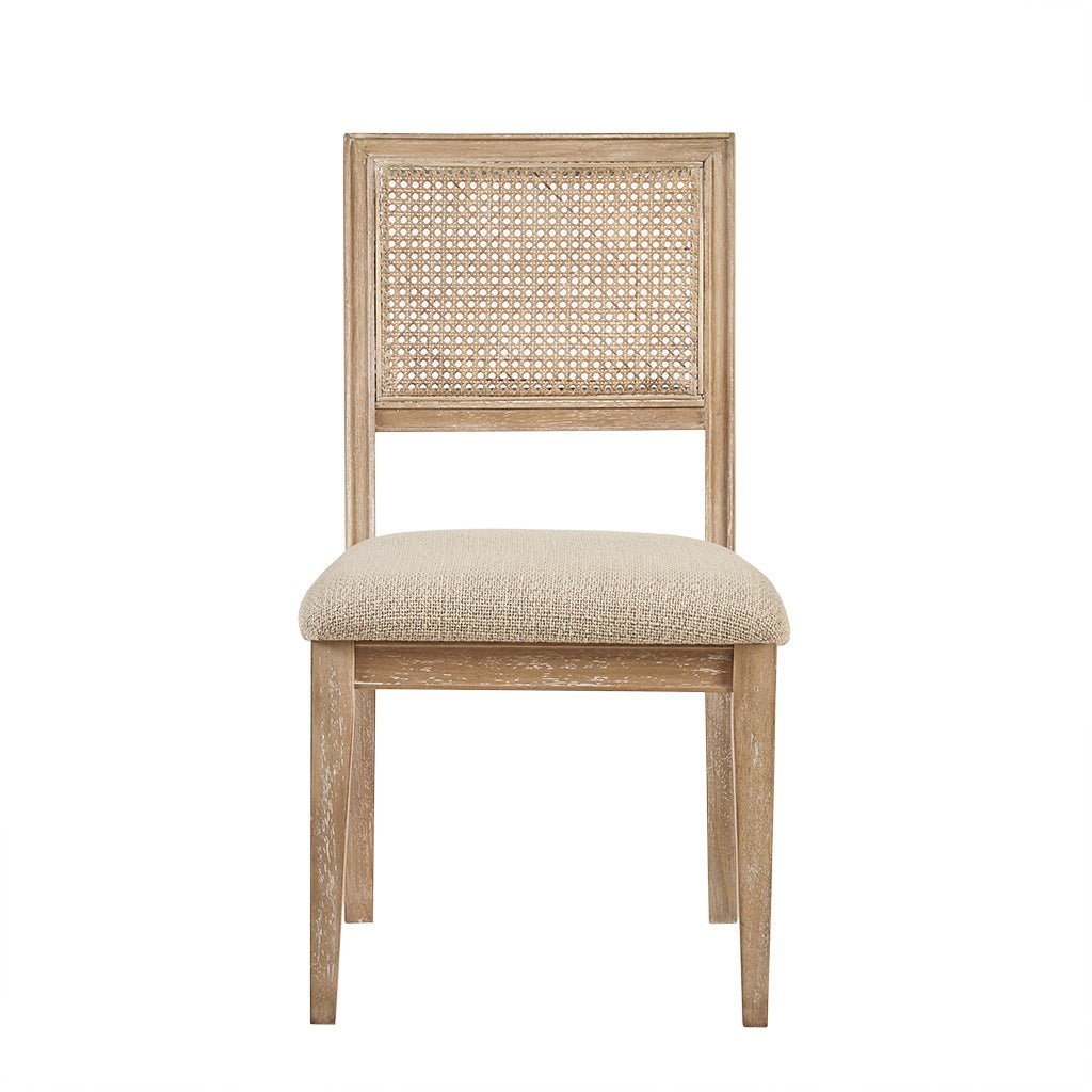 Armless dining chair with cane back, natural wood finish, beige upholstered seat on Tampa Home & Garden Store