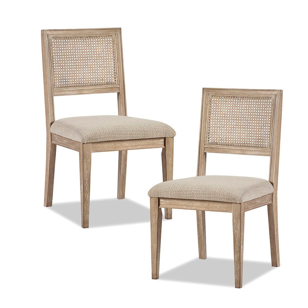 Armless dining chair with cane back, light weathered wood legs, beige upholstered seat set of 2 on Tampa Home & Garden Store