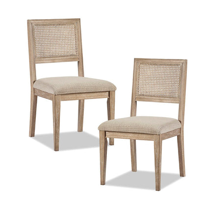 Armless dining chair with cane back, light weathered wood legs, beige upholstered seat set of 2 on Tampa Home & Garden Store
