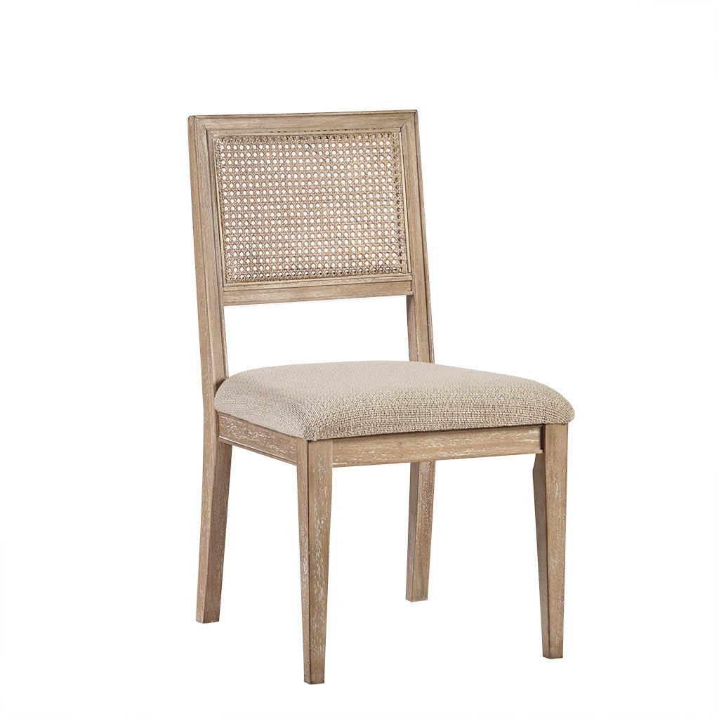 Armless dining chair with cane back, beige upholstered seat, natural weathered wood frame on Tampa Home & Garden Store