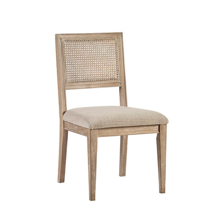 Armless dining chair with cane back, beige upholstered seat, natural weathered wood frame on Tampa Home & Garden Store