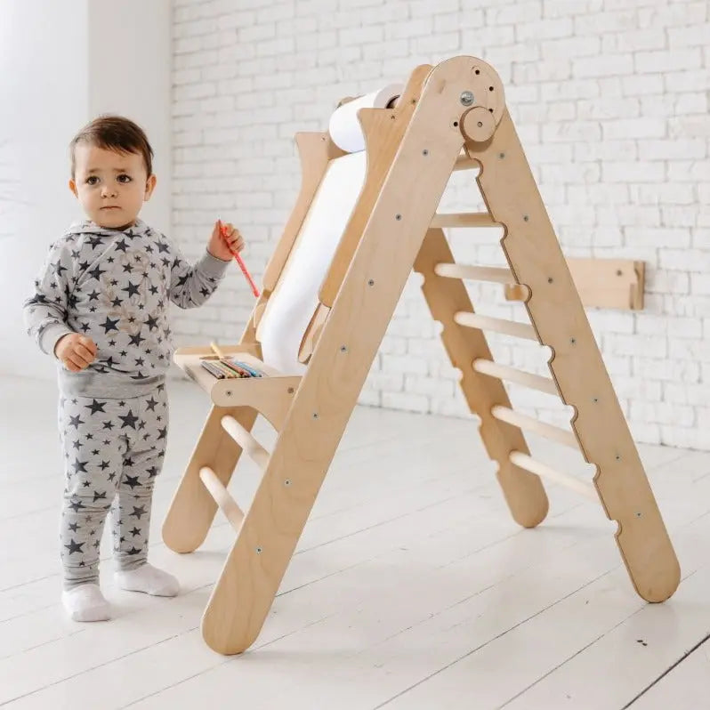 Art Addition to the Triangle Ladder Goodevas wooden baby activity toy with white slide and art desk on Tampa Home & Garden Store