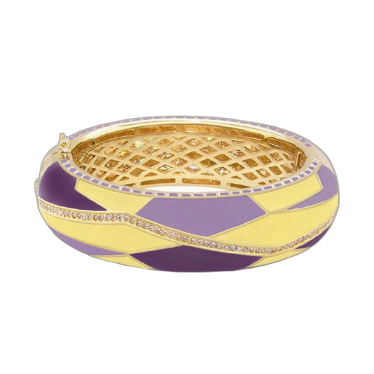 Art Deco Bangle by Lauren G Adams in purple & yellow enamel with gold lattice crystals on Tampa Home & Garden Store