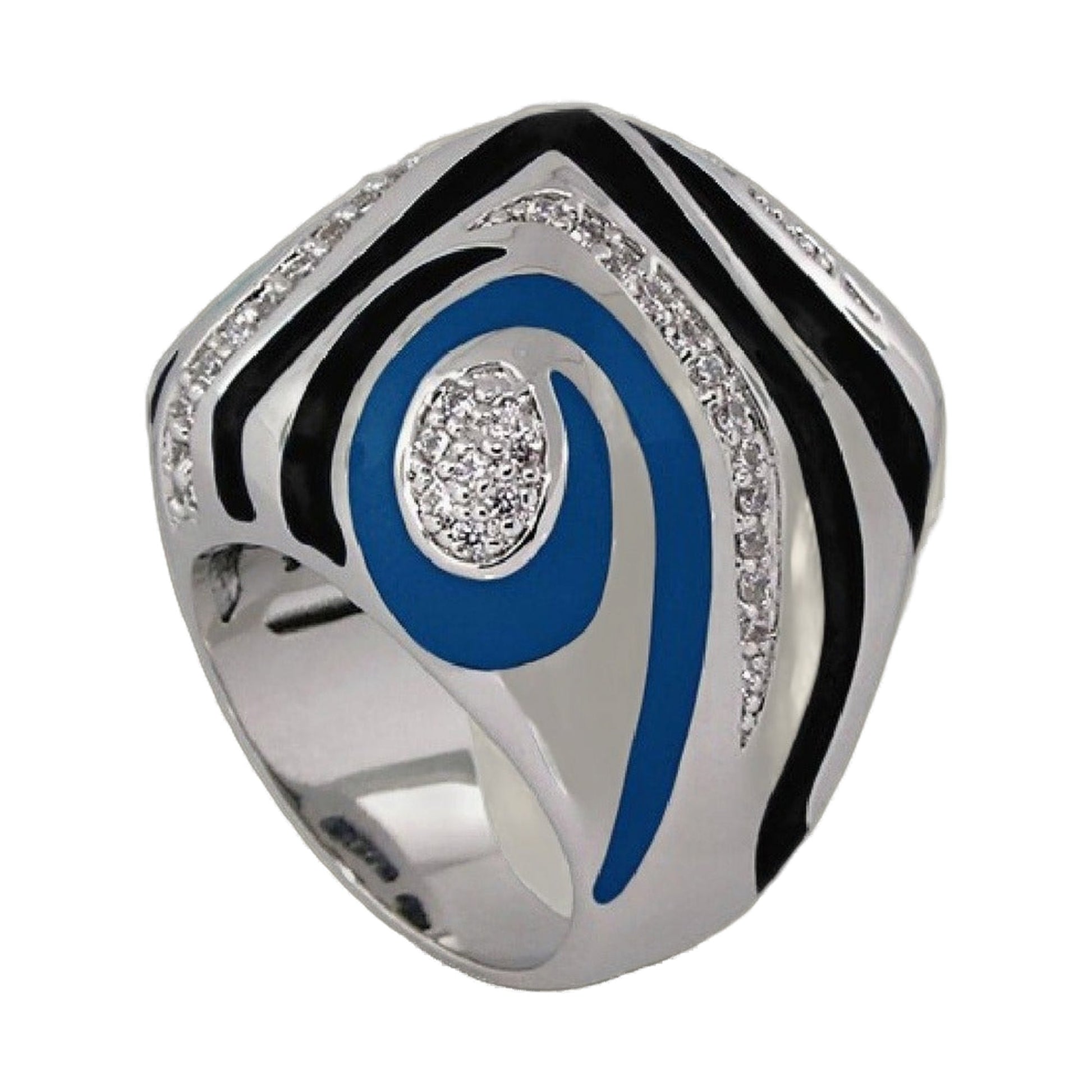 Art Deco cocktail ring with blue enamel, black stripes, pave diamonds in silver setting on Tampa Home & Garden Store