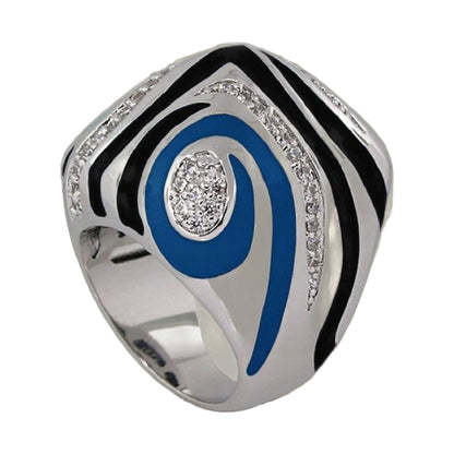 Art Deco cocktail ring with blue enamel, black stripes, pave diamonds in silver setting on Tampa Home & Garden Store