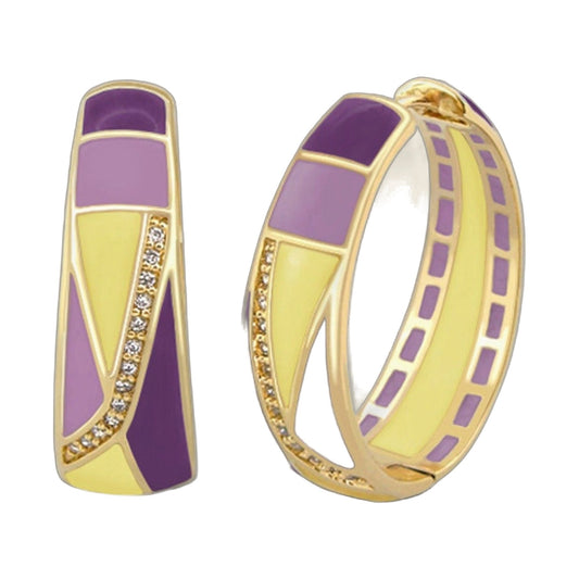 Art Deco enamel hoop earrings pair by Lauren G Adams purple and yellow enamel with gold trim on Tampa Home & Garden Store