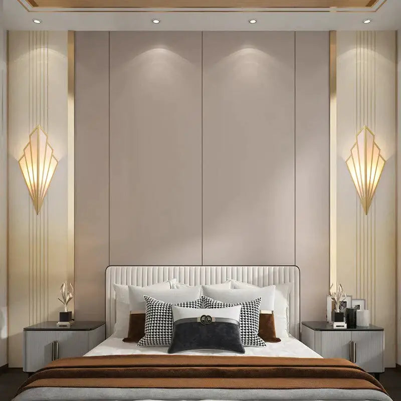 Gold Diamond Wall Light wall sconces by Decorbites, gold geometric fixtures flanking a bed on Tampa Home & Garden Store