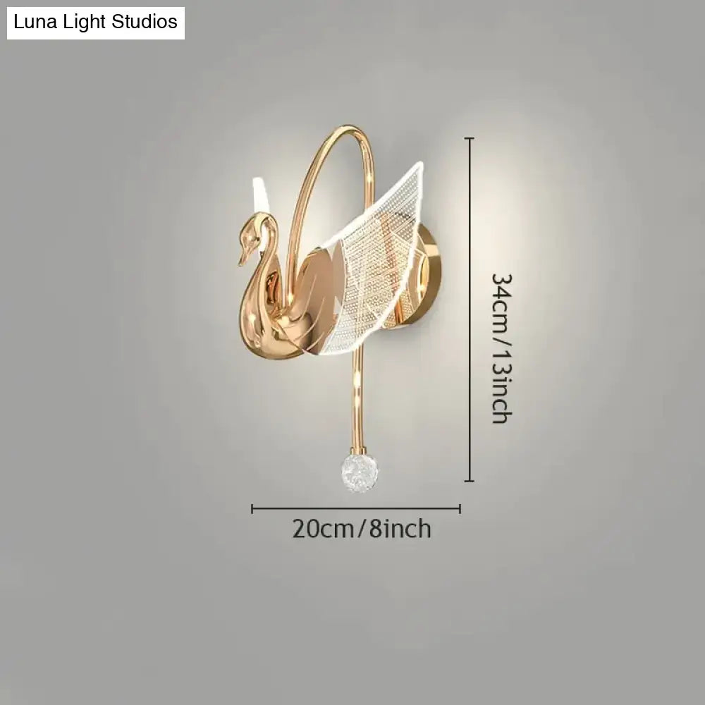 Gold crystal swan Art Deco wall lamp by Decorbites; gold finish with crystal wing on Tampa Home & Garden Store