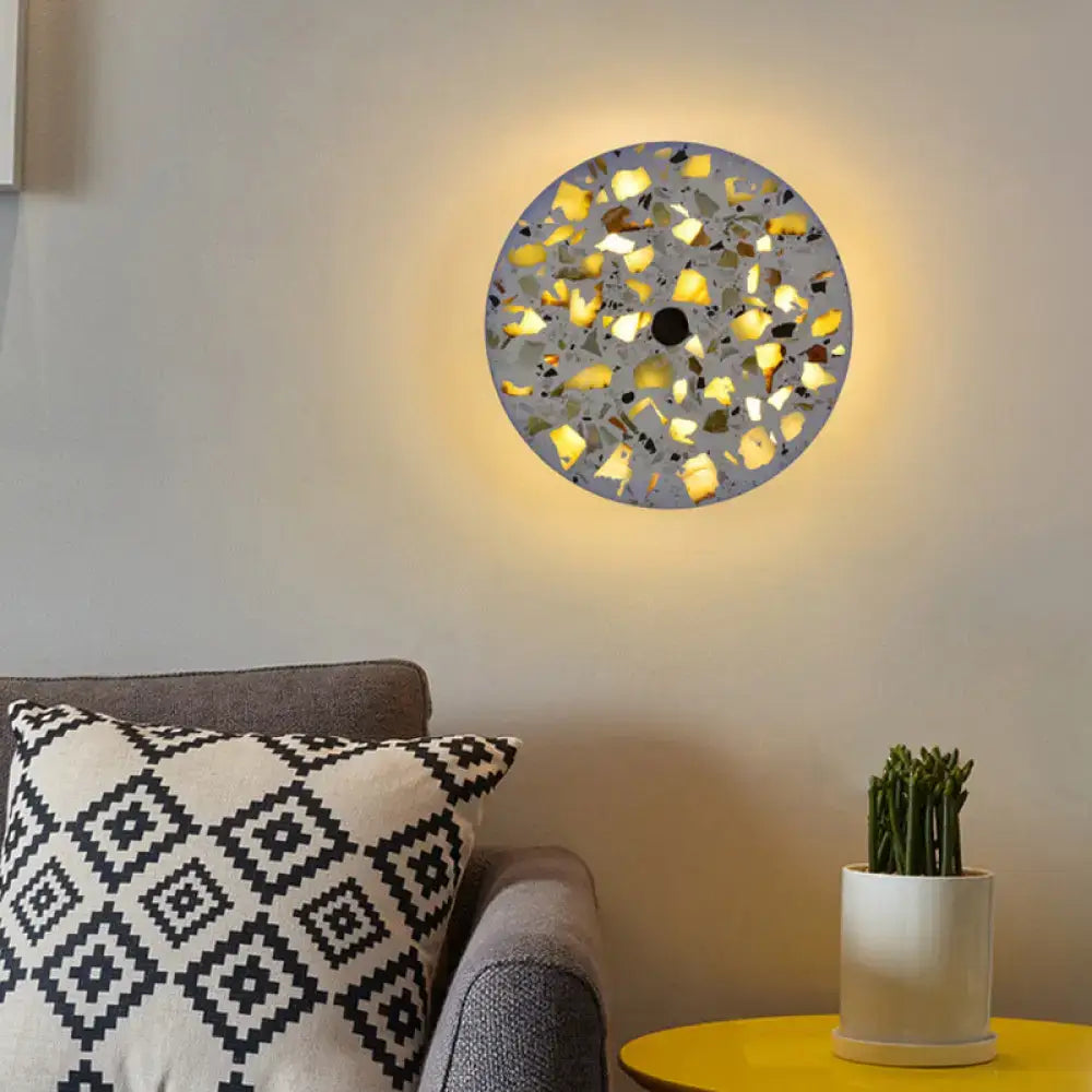 Terrazzo LED Wall Light by Decorbites, round gray terrazzo with colorful chips, warm glow on Tampa Home & Garden Store
