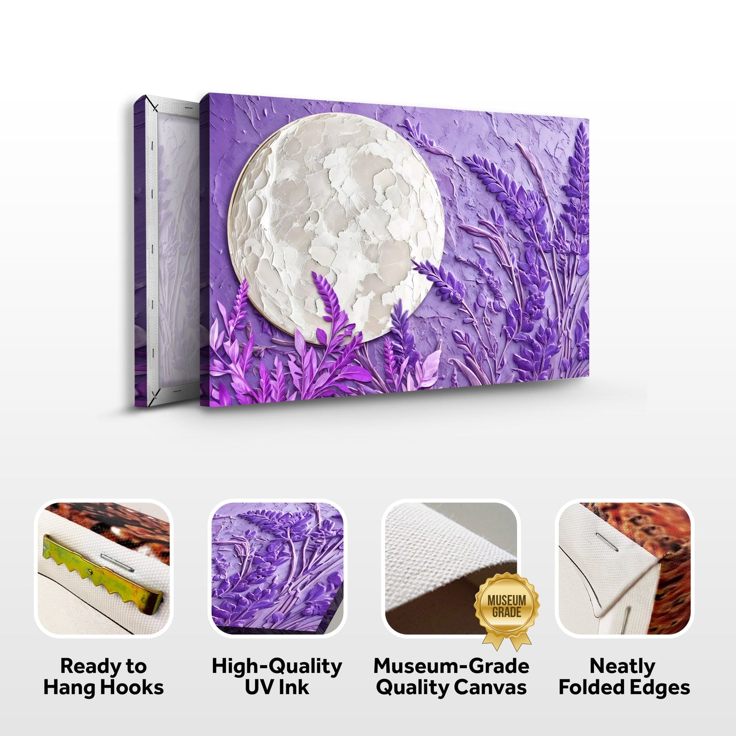 3D Lavander Moon Wall Art canvas in purple with a textured white moon by Tailored Canvases on Tampa Home & Garden Store