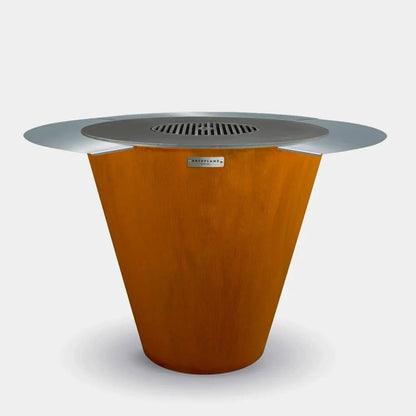 Arteflame 40 Inch Grill Griddle with wooden cone base and stainless steel circular top on Tampa Home & Garden Store
