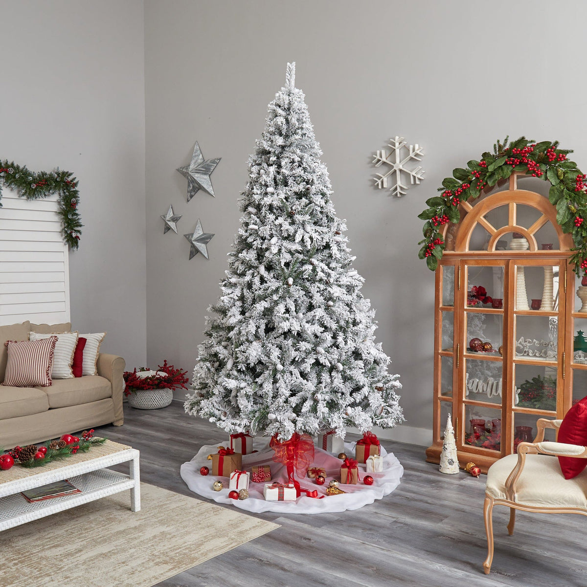 10 ft Nearly Natural Flocked West Virginia Fir artificial Christmas tree with bendable branches on Tampa Home & Garden Store