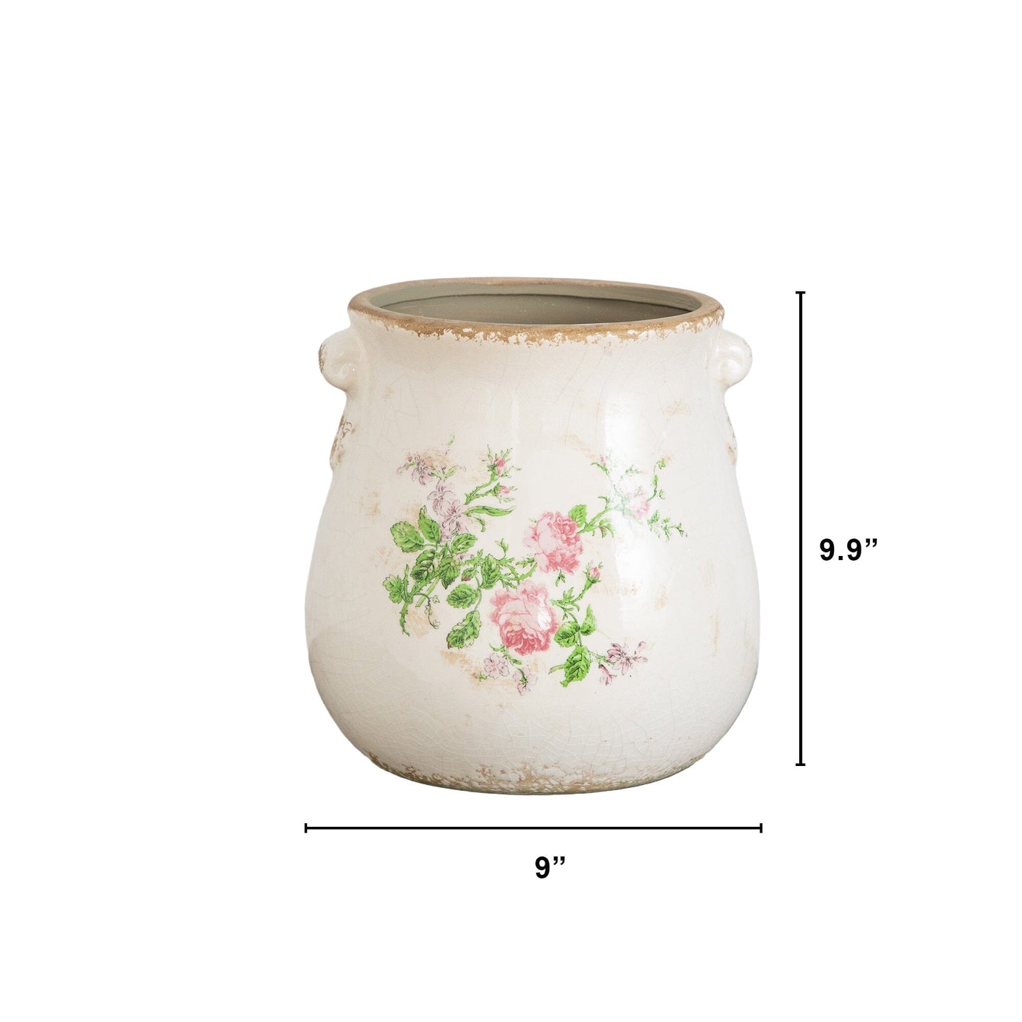 10in Floral Print Tuscan Ceramic Scroll Planter cream with pink roses by Nearly Natural on Tampa Home & Garden Store