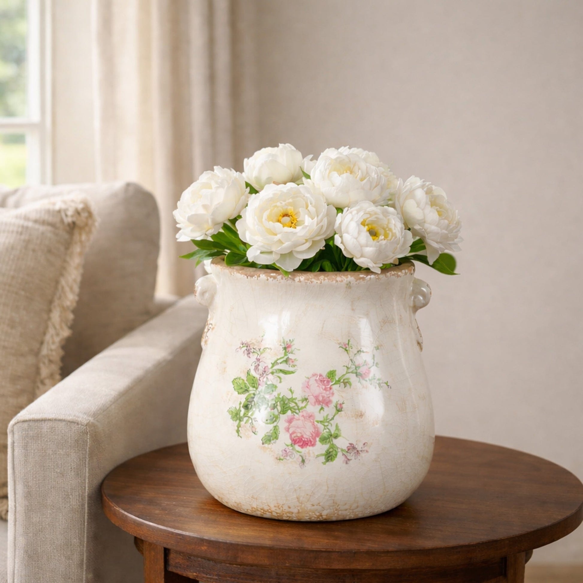 10in Floral Print Tuscan Ceramic Scroll Planter with white blooms by Nearly Natural on Tampa Home & Garden Store